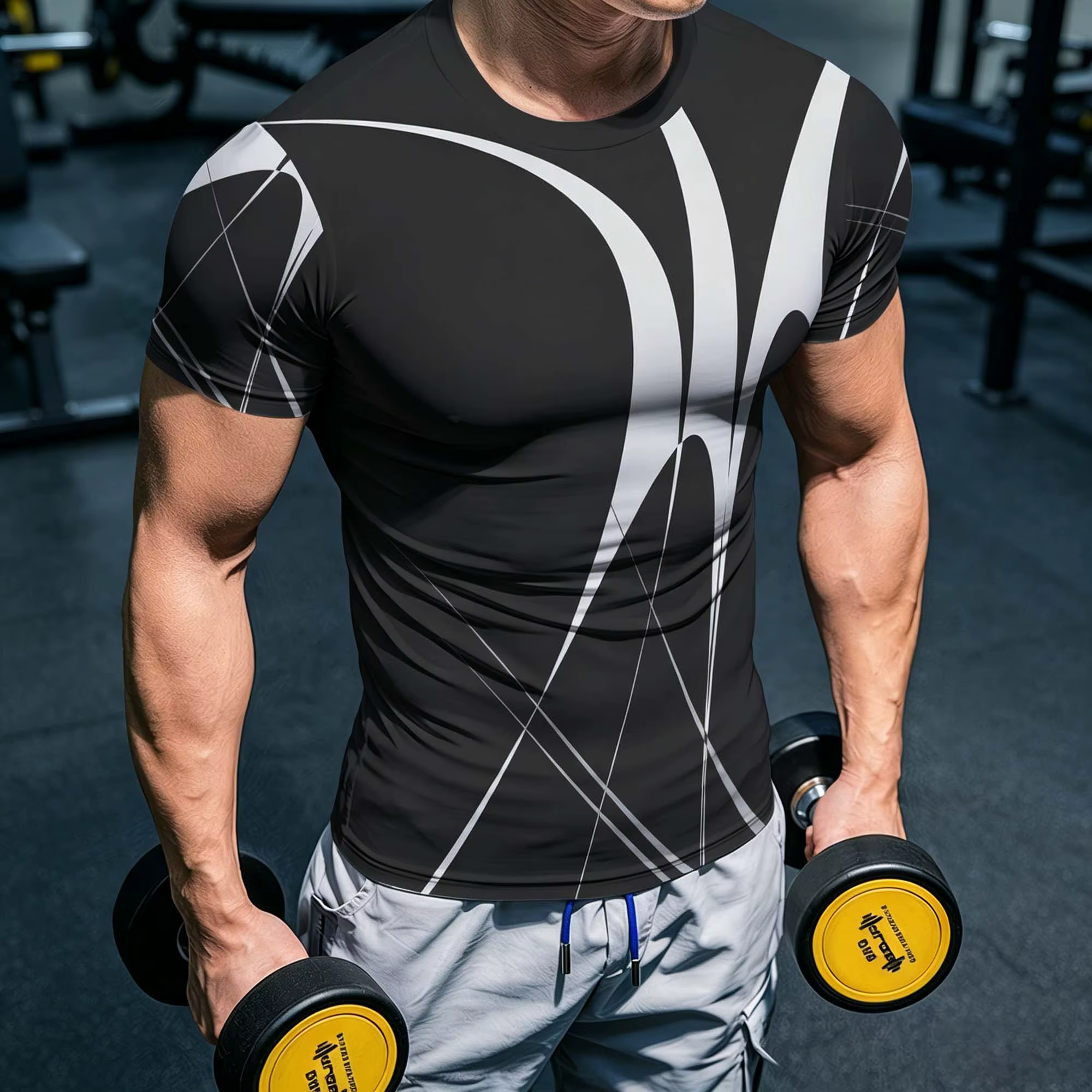 T-shirt de sport pour homme, extensible, anti-transpiration, à manches courtes, avec rayures croisée