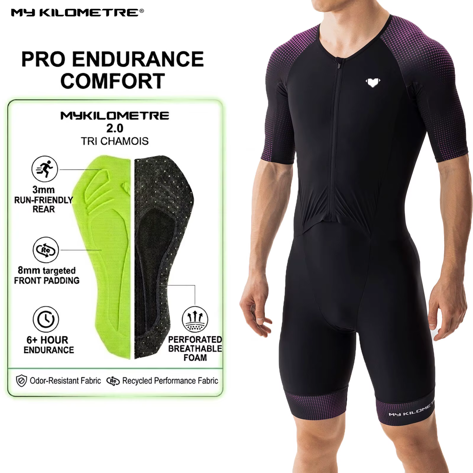 Combinaison de triathlon homme séchage rapide légère à manches courtes noire et violette une pièce p