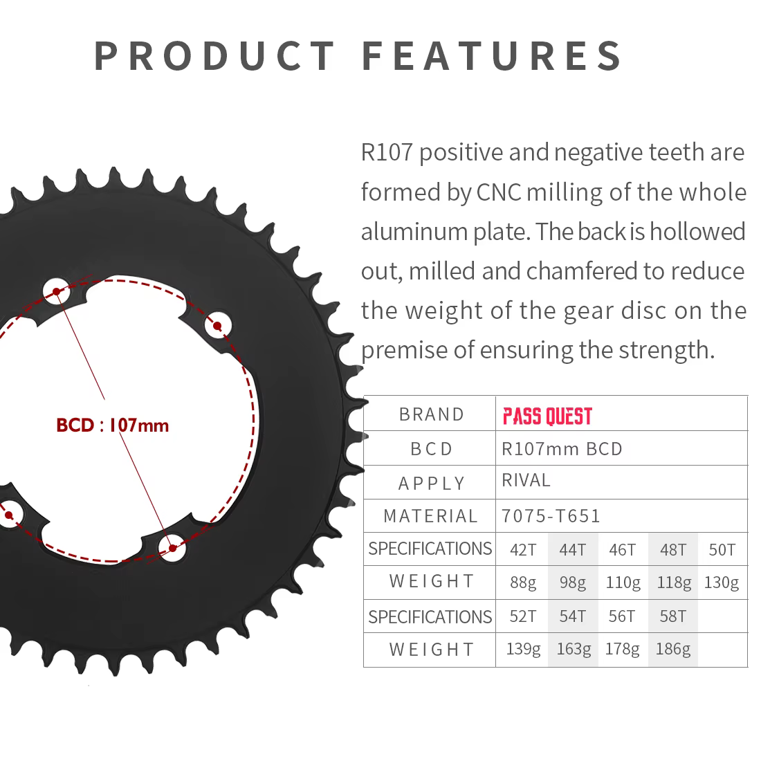Plateau BCD pour Sram RIVAL, 107mm, pour vélo de route, 42T 44T 46T 48T 50T 52T, 107bcd