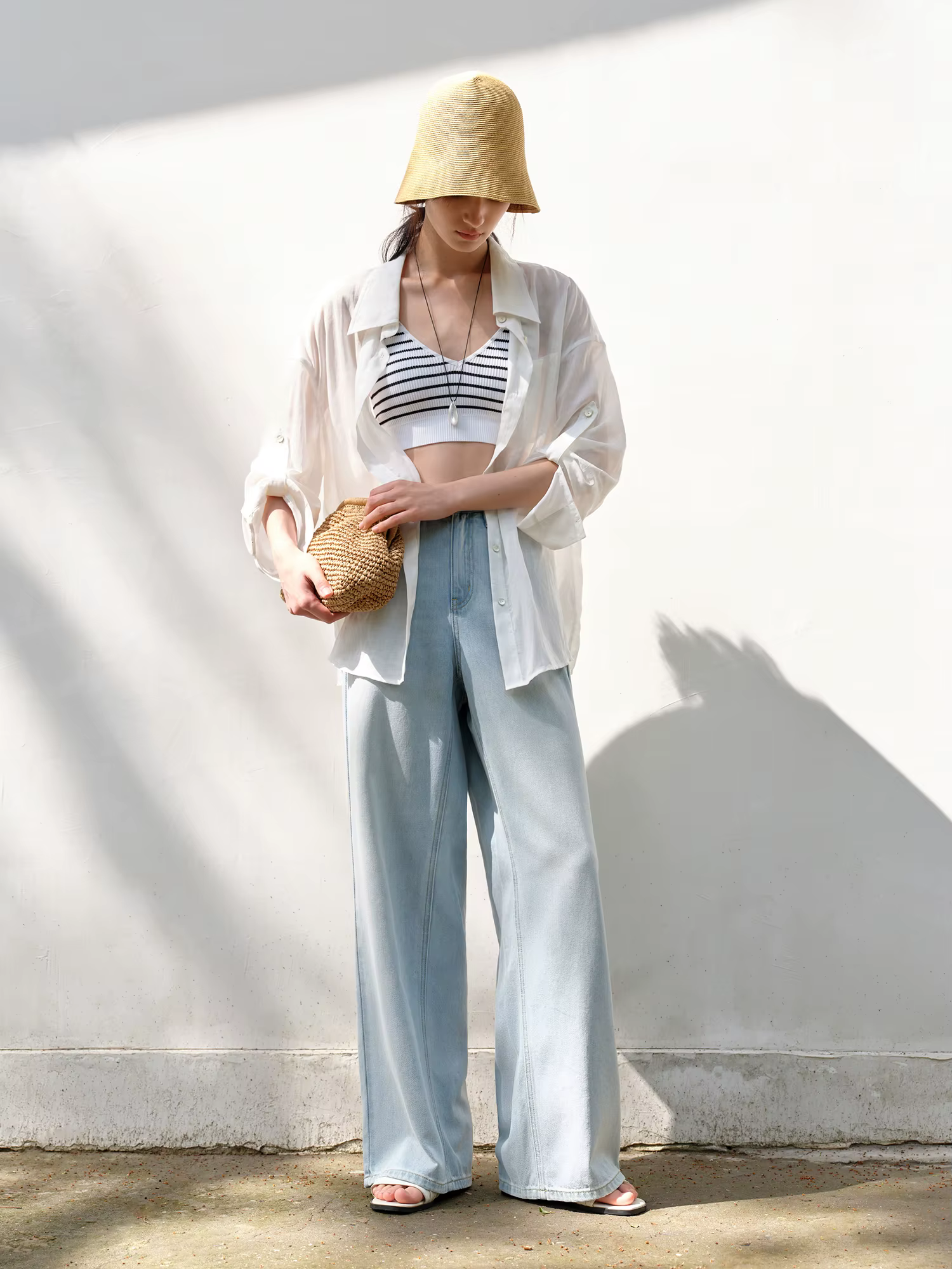DUSHU jean de couleur claire été 2025 nouveau Style à la mode tout-match taille haute rayé couture p