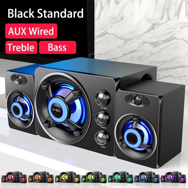 Haut-parleurs stéréo 3D hi-fi, lumière lourde LED colorée, AUX, USB, filaire, sans fil, Bluetooth, A