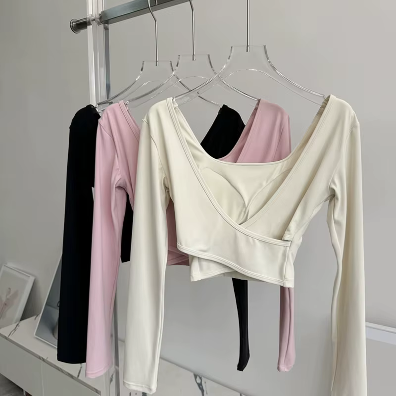 Costume de Yoga pour femmes, haut de sport croisé dans le dos avec coussin de poitrine, T-Shirt à ma