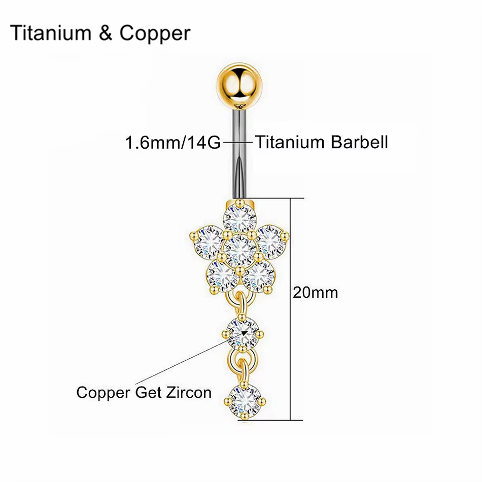 Anneaux de nombril en titane avec pendentif cristal CZ, barbell 14G 6mm 8mm 12mm, piercing de nombri