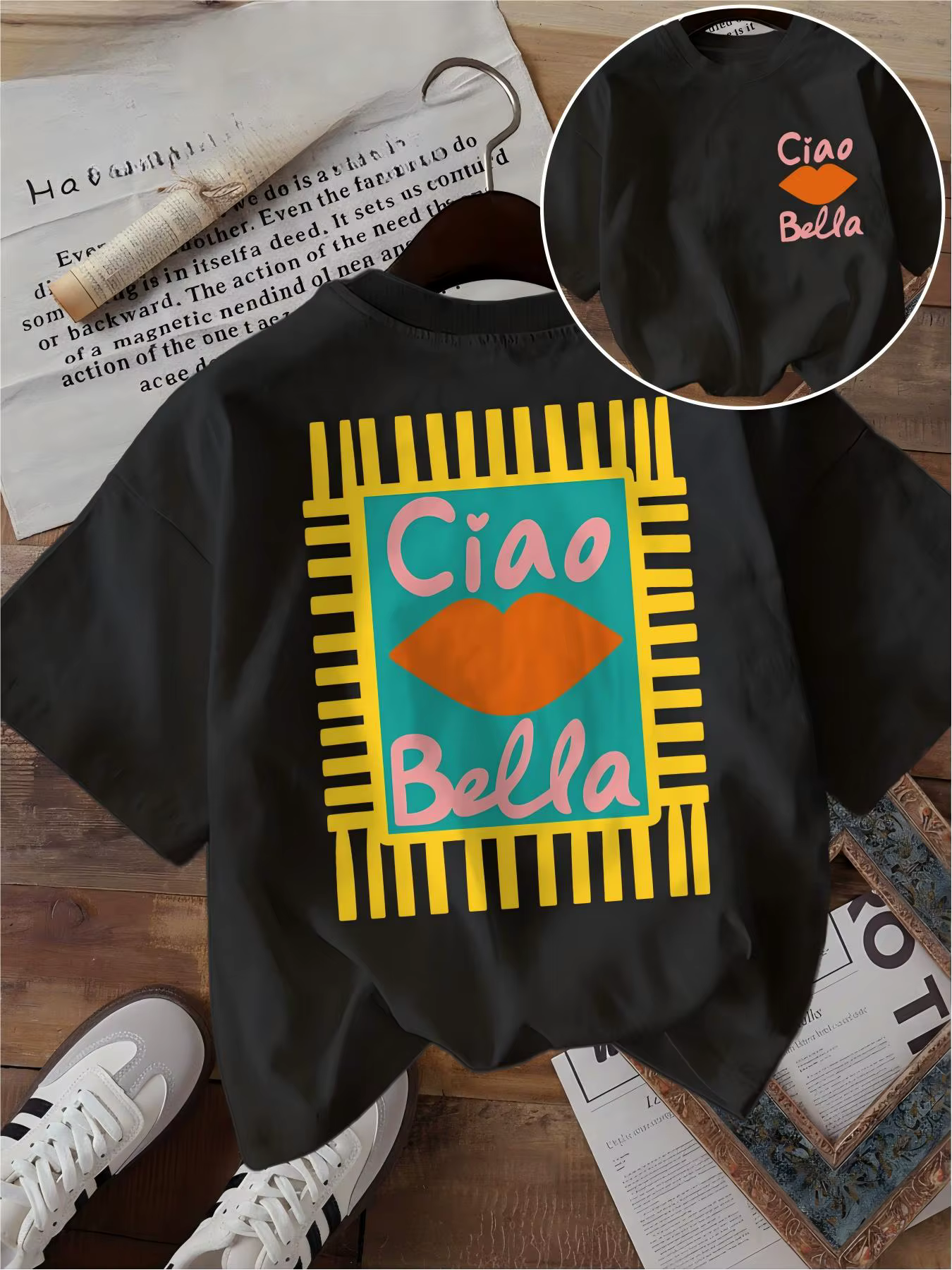 T-shirt Ciao Bella pour femme, motif lèvres orange amusant, style italien, streetwear Harajuku, coup