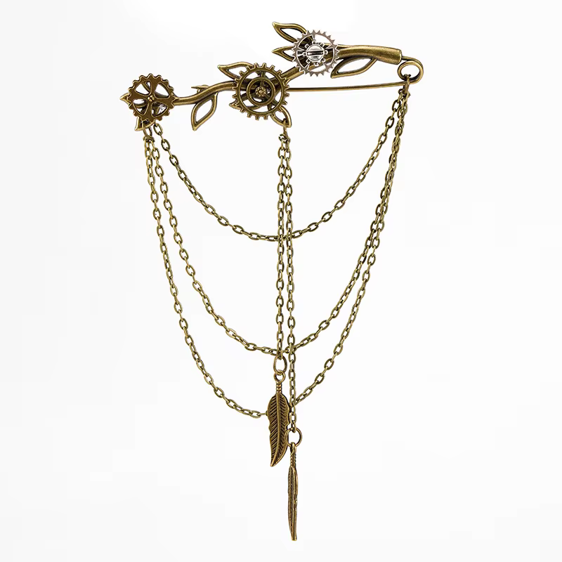 Broche vintage feuille de branche à pampilles, épingles de revers chaîne style punk, bijoux de mode