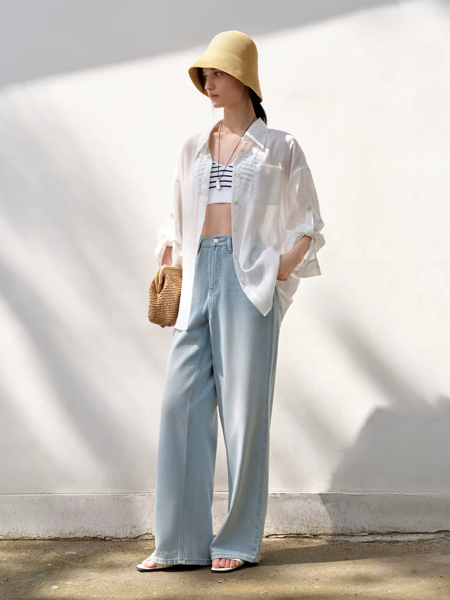 DUSHU jean de couleur claire été 2025 nouveau Style à la mode tout-match taille haute rayé couture p