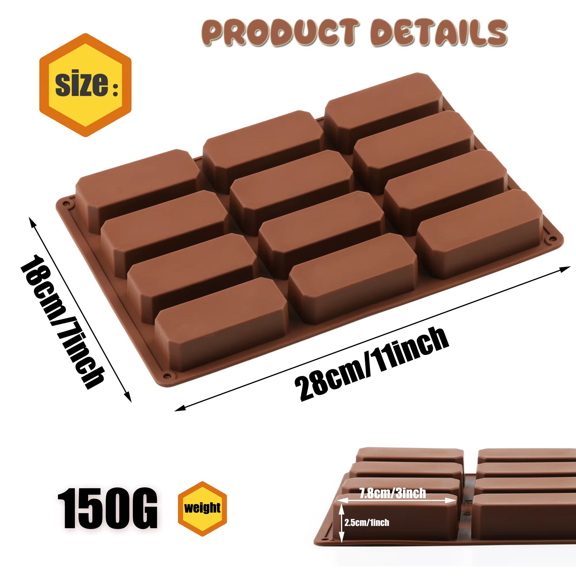 Moule en silicone 12 cavités carrées pour barres protéinées, barres énergétiques, gâteaux au chocola