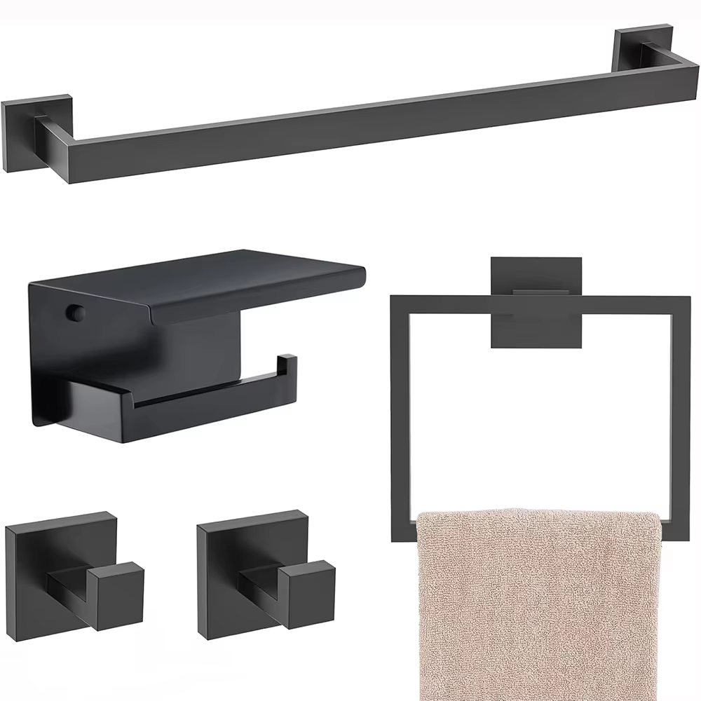 Ensemble de 5 accessoires de salle de bain – Porte-serviettes mural, patère, étagère et porte-papier