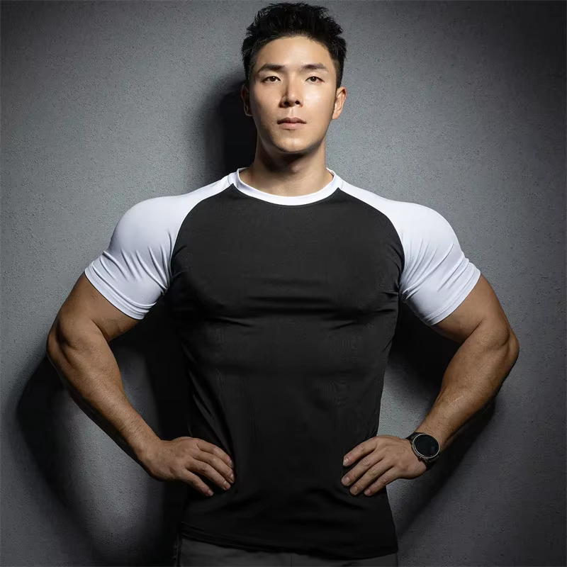 T-shirt de sport à manches courtes pour hommes, élastique, séchage rapide, couleur pure, loisirs, co