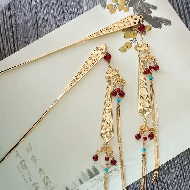 Épingle à cheveux de style chinois ancien, accessoire pour chignon Lotus de la prospérité, avec long