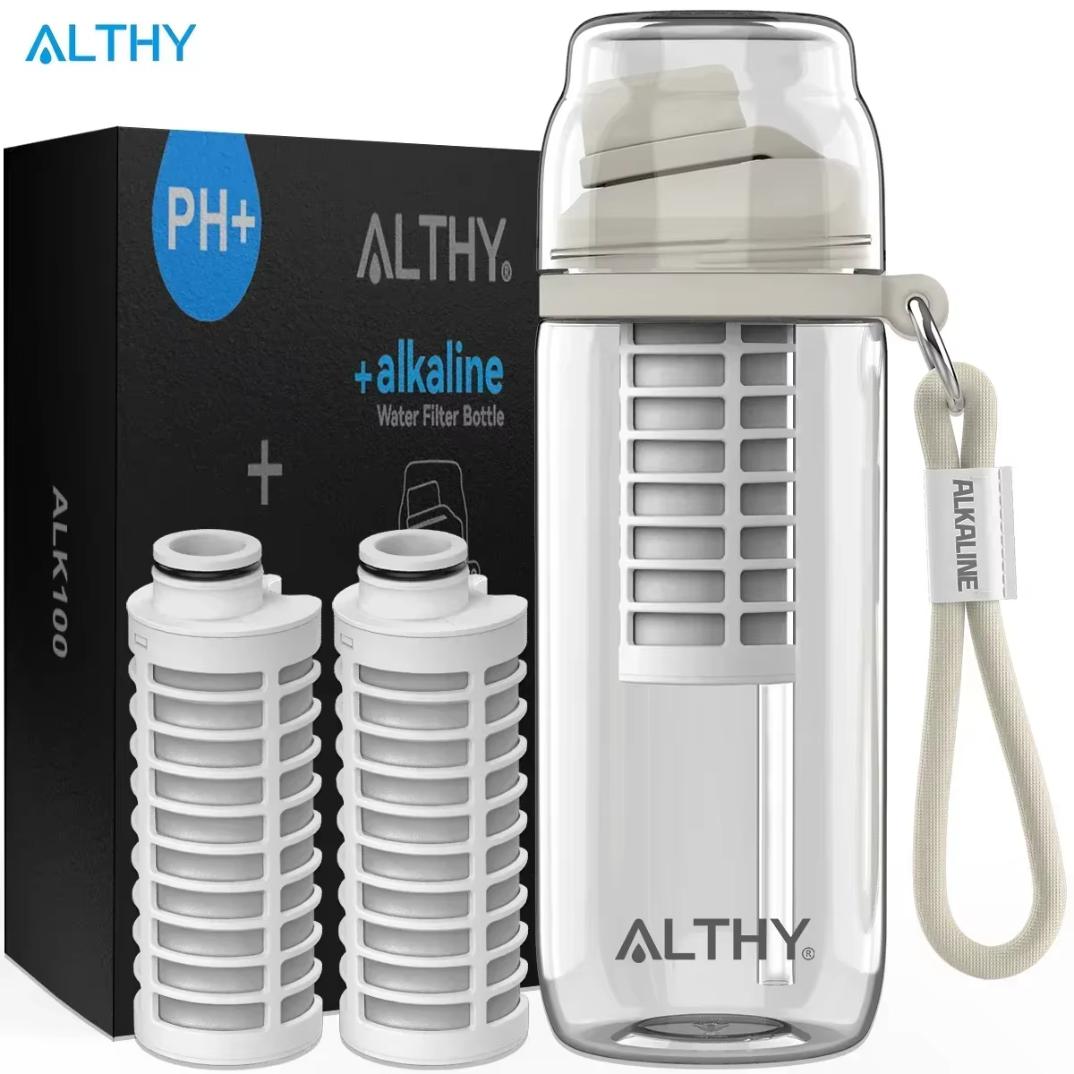 ALTHY Bouteille de filtre à eau alcaline, jusqu'à PH 9.5, minéraux et électrolytes ajoutés, système