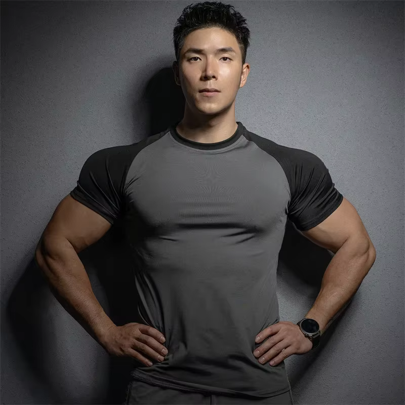 T-shirt de sport à manches courtes pour hommes, élastique, séchage rapide, couleur pure, loisirs, co