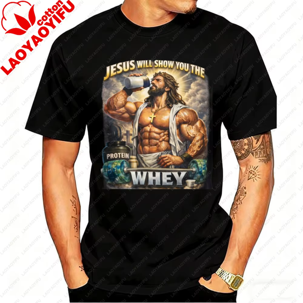 Holding Protein Shake Tee Jesus Will Show You The Whey' Muscle Christian Workout Col rond Style déco