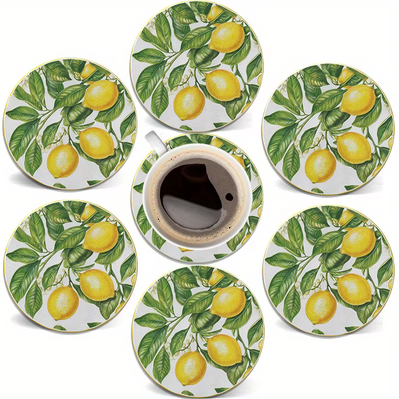 Sous-verre en bois thème citron 2D, protection de bureau naturelle et fraîche, isolation thermique, 