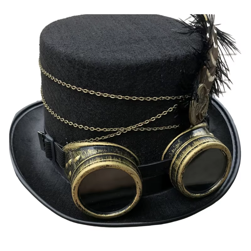 Steampunk chapeau haut-de-forme en feutre laine chapeau victorien avec lunettes plumes Costume unise