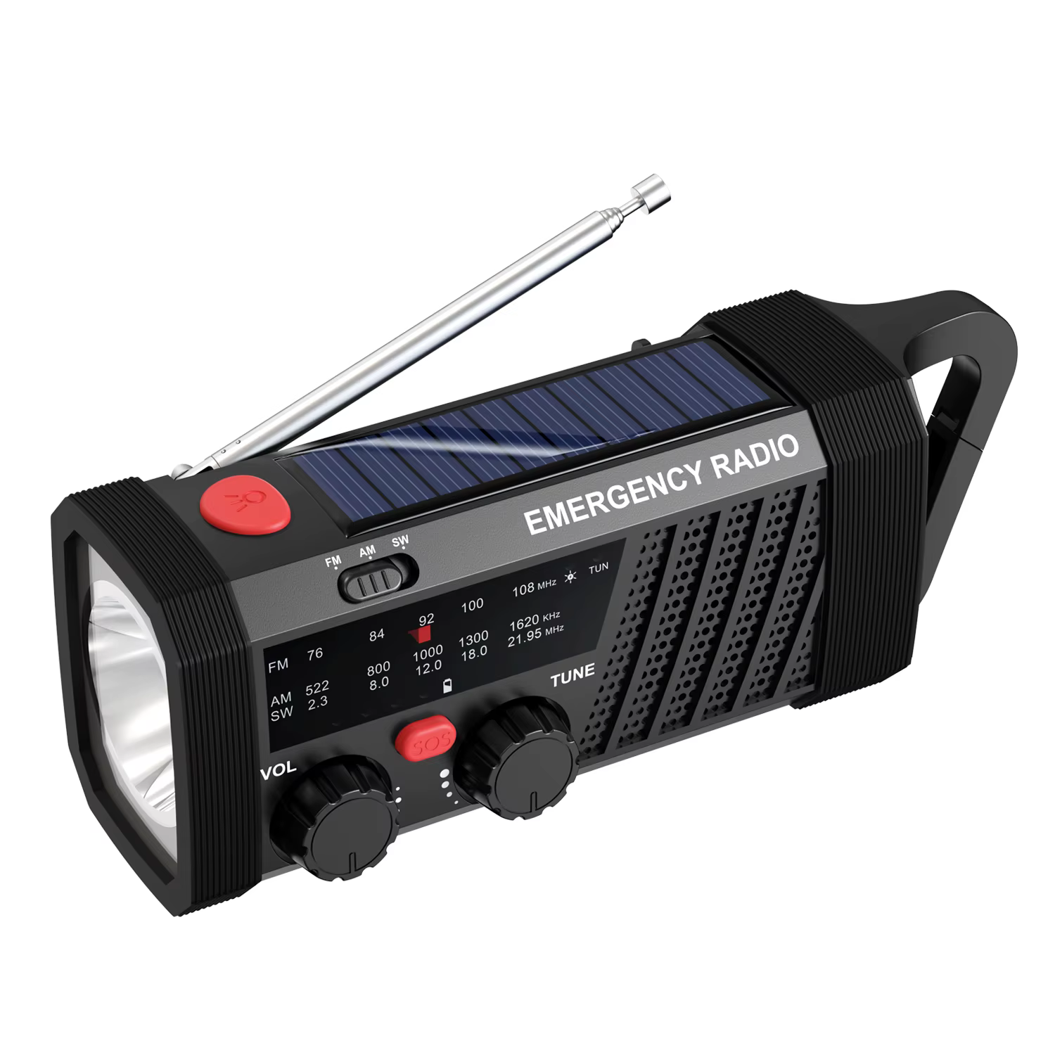 Radio d'urgence avec alarme SOS, AM/FM/SW et lampe torche. Batterie 2000 mAh et charge solaire/manue