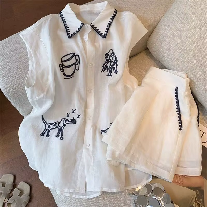 Olive Girl – ensemble Polo et short surdimensionné pour femme, ensemble en lin brodé, Style français