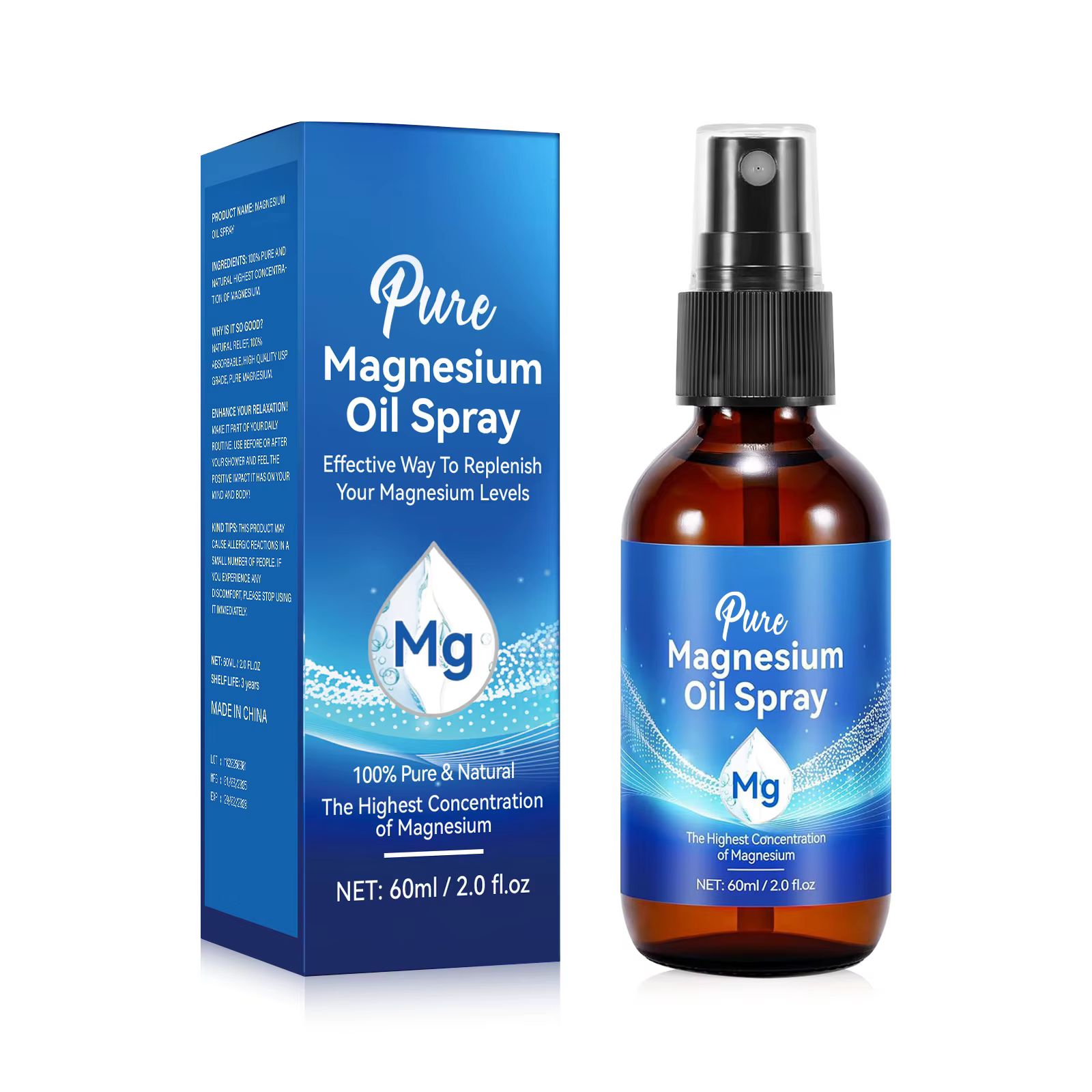 Huile de magnésium naturelle 60 ml - 10% de concentration minérale la plus élevée pour les soins de 