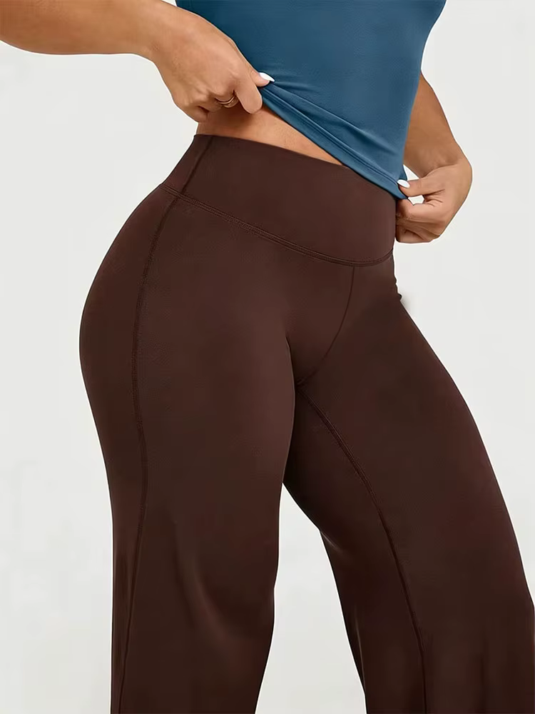 Pantalon de yoga taille haute pour femme, coupe droite, avec effet ventre plat, ourlet large, léger