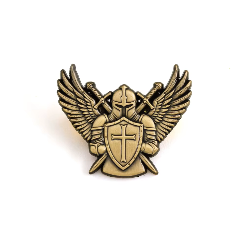 Broche Chevalier Ange Doré, Écusson Croix, Badge Gardien, Ailes d'Armure Dorées, Épingle Métallique,