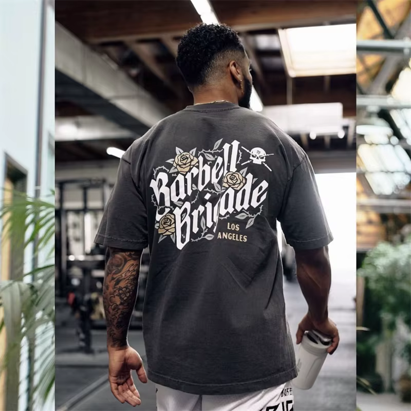 BARBELL BRIGADE GYM T-shirts de fitness en coton pour hommes, vêtements à manches courtes, tee-shirt