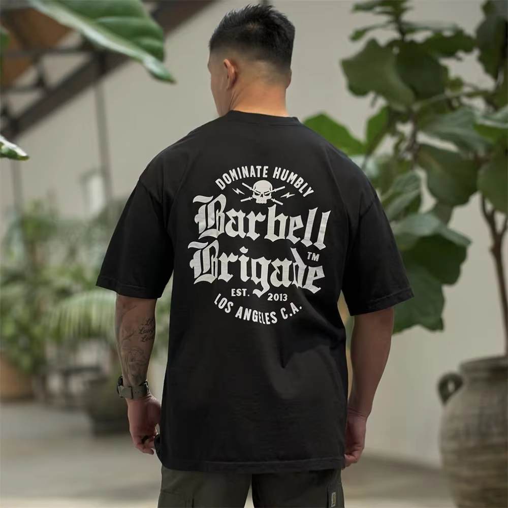 Barbell Brigade T-shirt de gymnastique en coton pour hommes, vêtements de fitness d'été, t-shirt à c