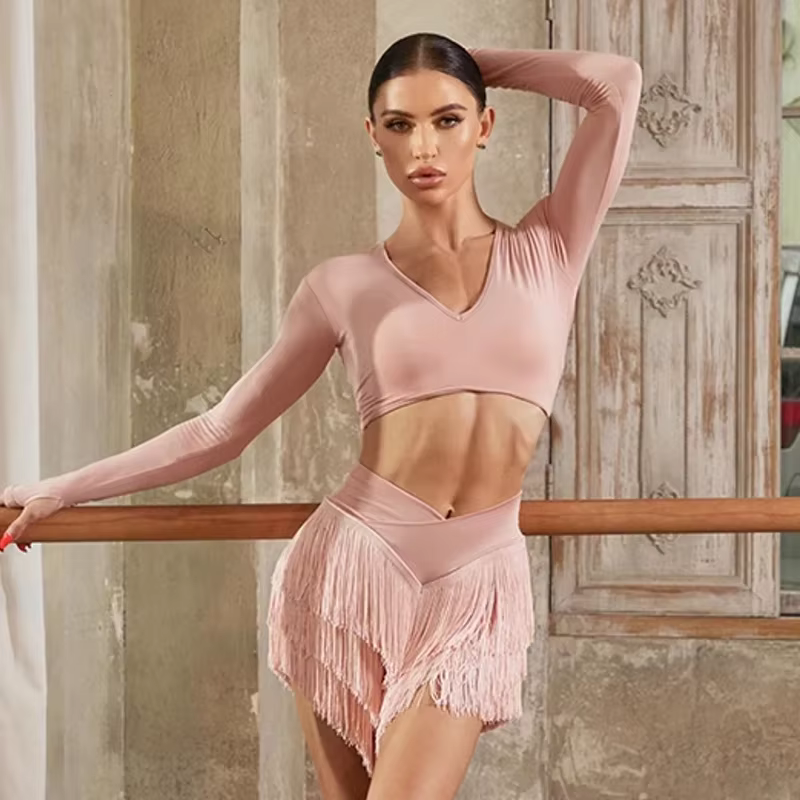Vêtements de danse latine pour femmes, hauts à manches longues, dos nu, jupe à franges, Cha Cha Rumb