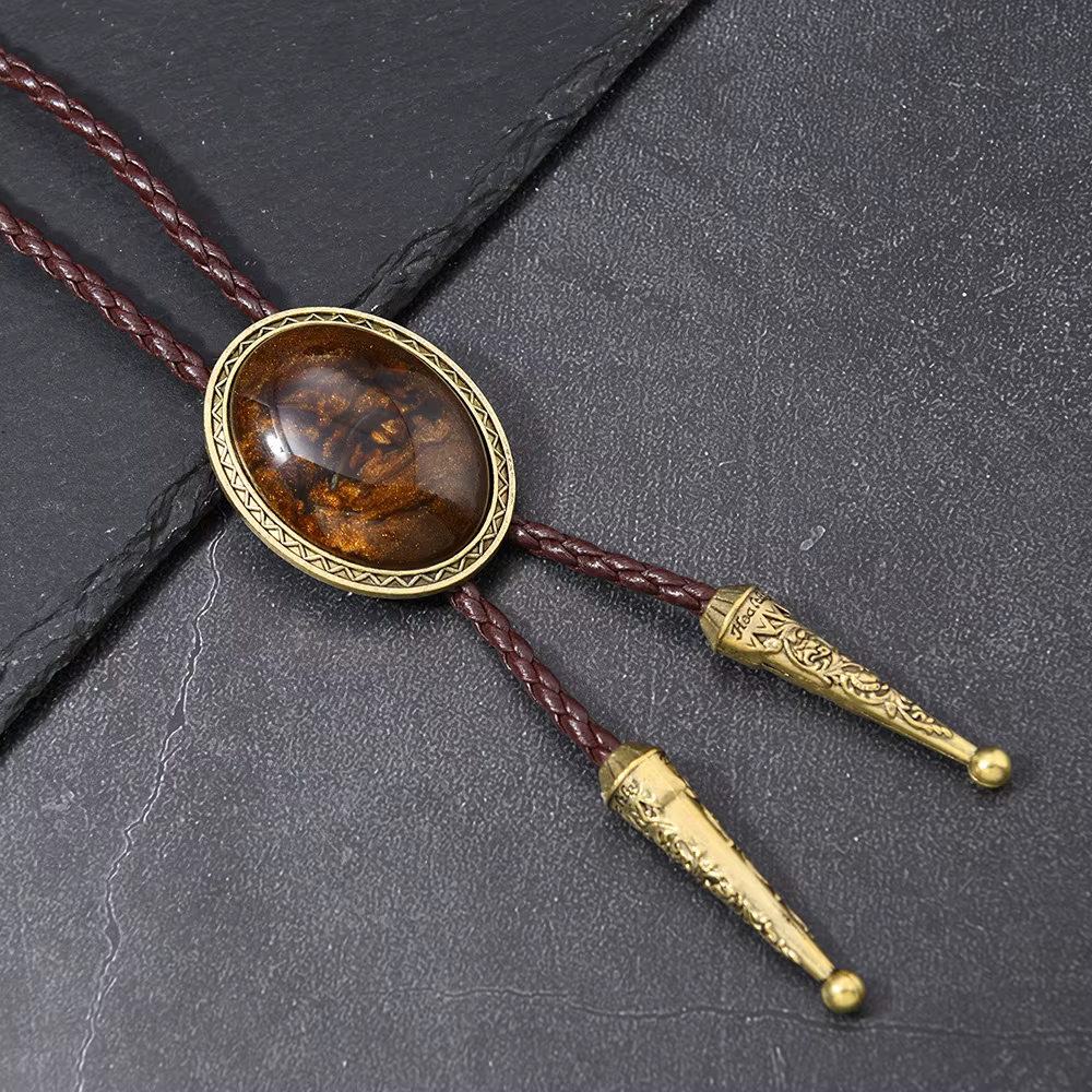 Mode Vintage alliage Agate couleur Bolo cravate longue en cuir pull chaîne cravate Style Cowboy occi