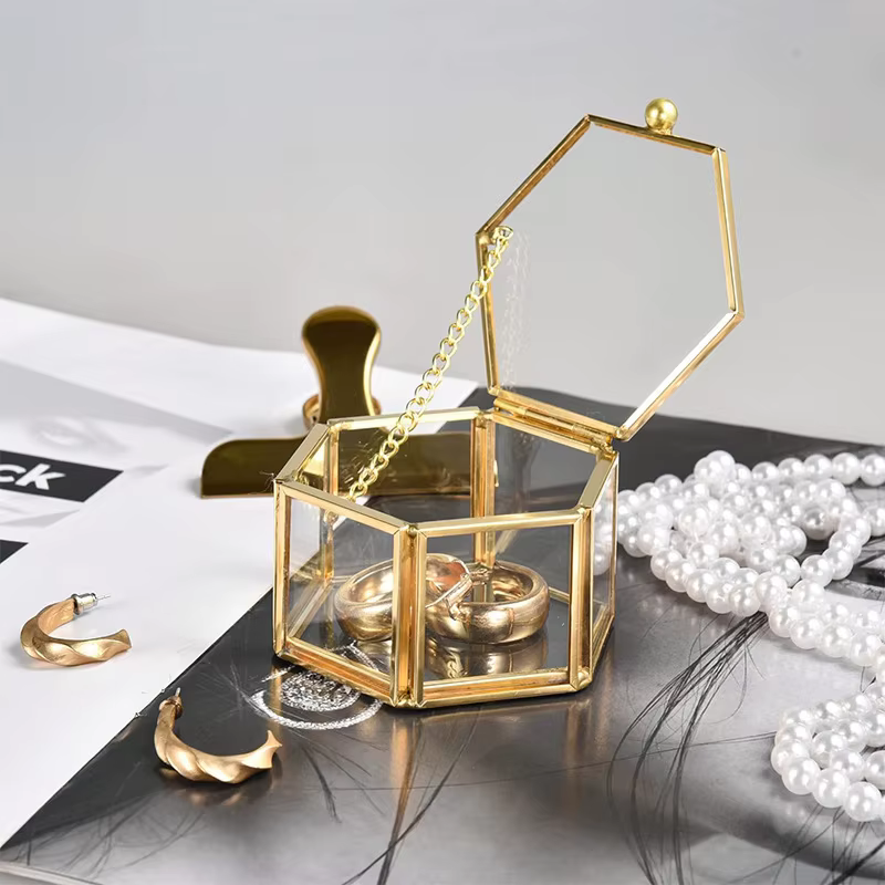 Boîte à bagues hexagonale haut de gamme, boîte à bijoux et accessoires en or, boîte de rangement pou