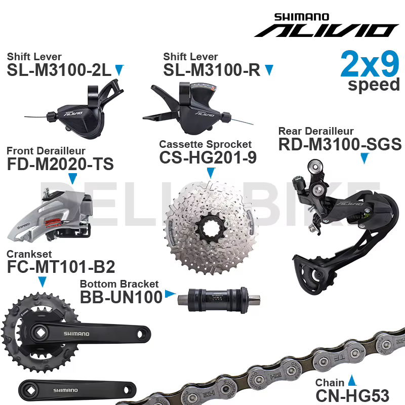 WinterMANO-Groupe ALIVIO M3100 2x9 vitesses avec manette de vitesse arrière et dérailleur avant M202