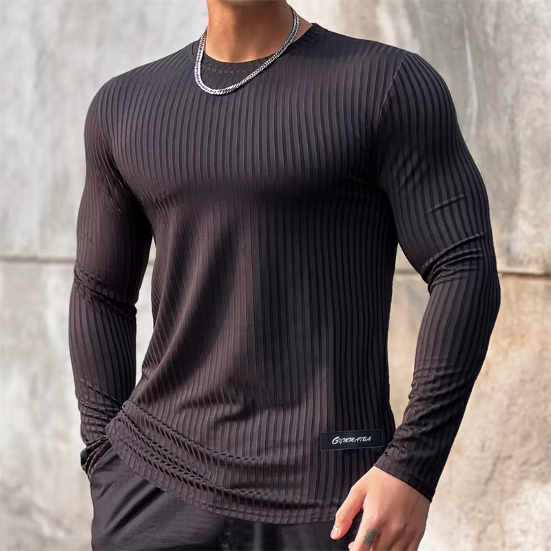 T-shirt à manches longues pour hommes, marque rayée, fitness, respirant, course à pied, entraînement