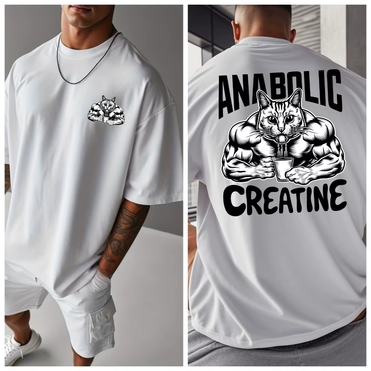 T-shirt de sport décontracté en coton pour homme, motif chat musclé, créatine anabolisante, coupe ov
