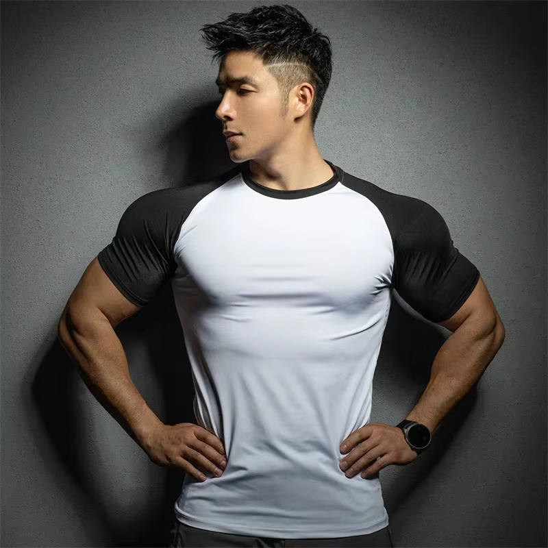 T-shirt de sport à manches courtes pour hommes, élastique, séchage rapide, couleur pure, loisirs, co