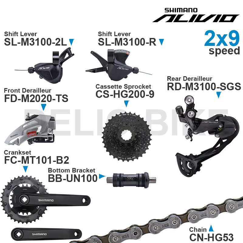 WinterMANO-Groupe ALIVIO M3100 2x9 vitesses avec manette de vitesse arrière et dérailleur avant M202