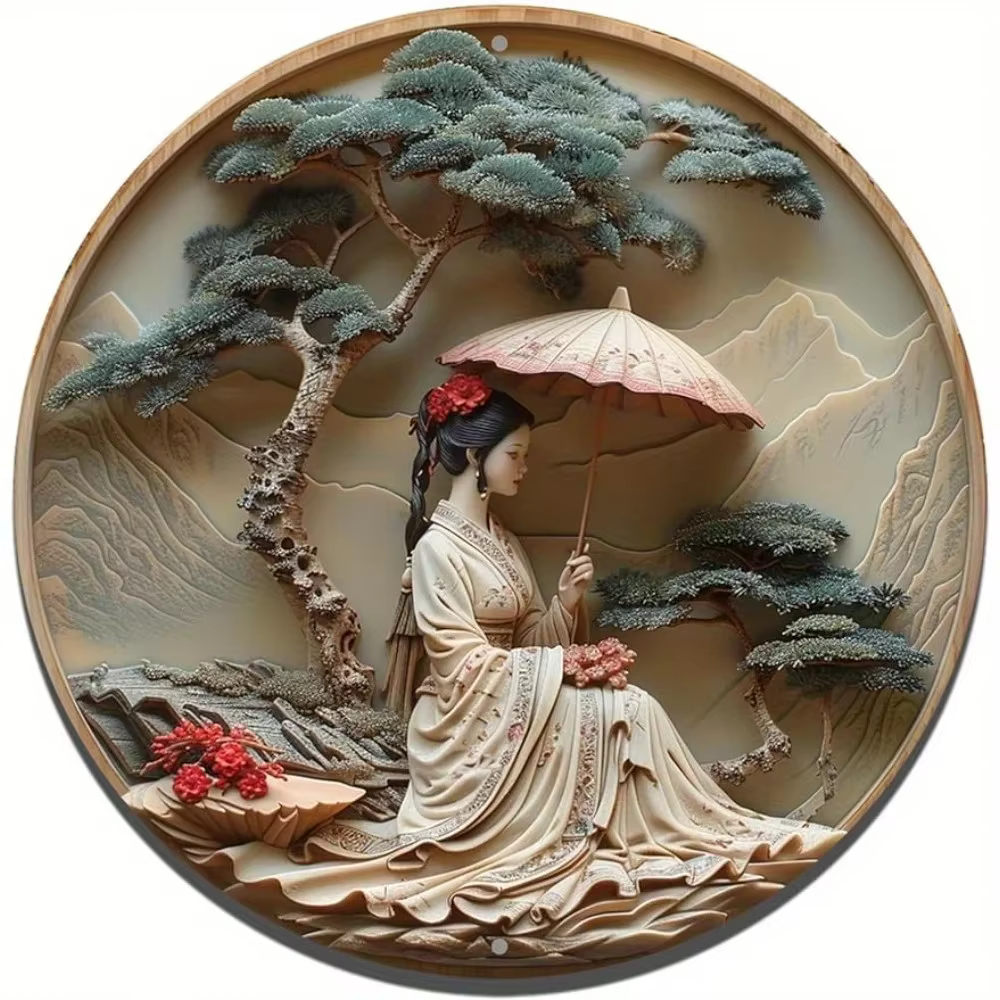 Femme élégante ronde en aluminium avec parapluie, art mural, étanche, pré-percé, haute qualité, déco