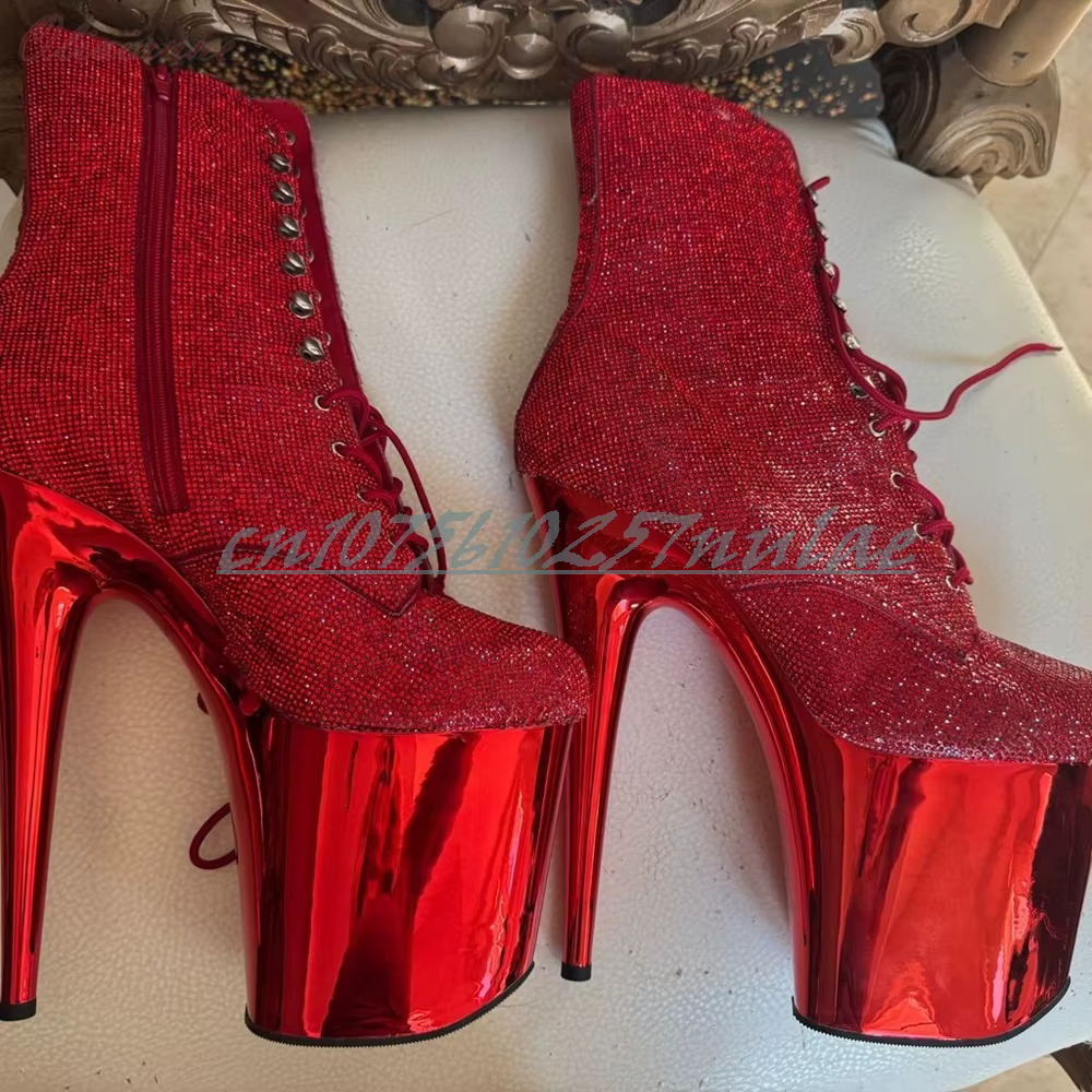 Bottes mi-mollet à lacets roses scintillantes pour pole dance, talons aiguilles, chaussures sexy pou