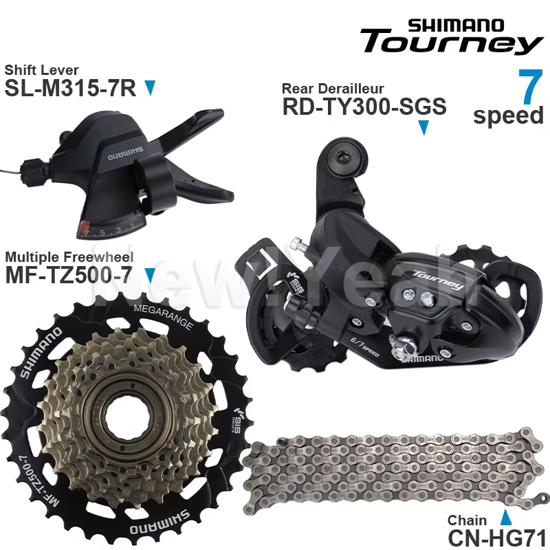 Groupe de transmission SHIMANO Tourney 7 vitesses comprenant SL-M315, RD-TY300, CS-HG200, MF-TZ500,
