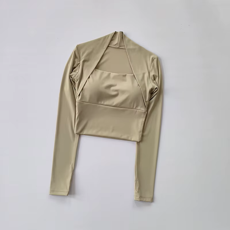 Haut de sport avec coussin de poitrine pour femmes, chemises à manches longues, court et élégant, vê