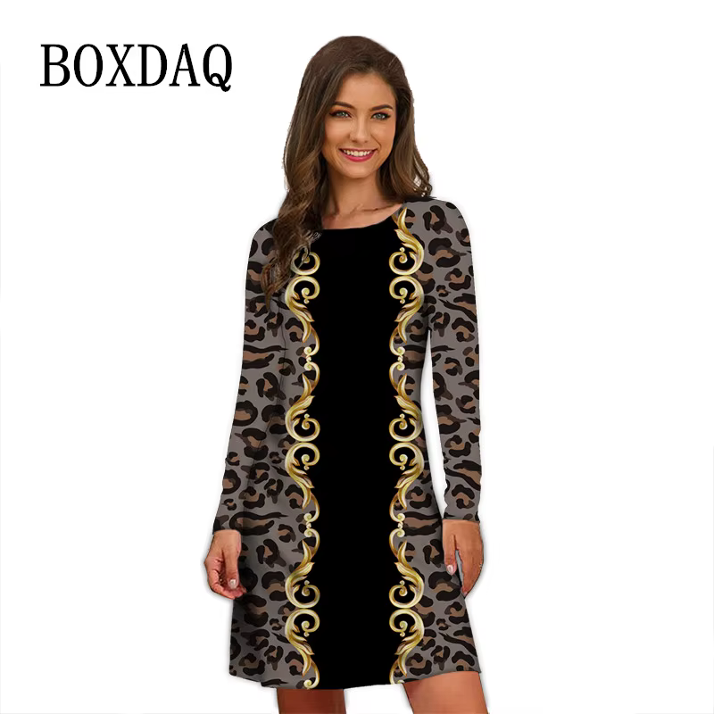 Robes élégantes à imprimé léopard pour femmes, manches longues, vêtements surdimensionnés, mode vint