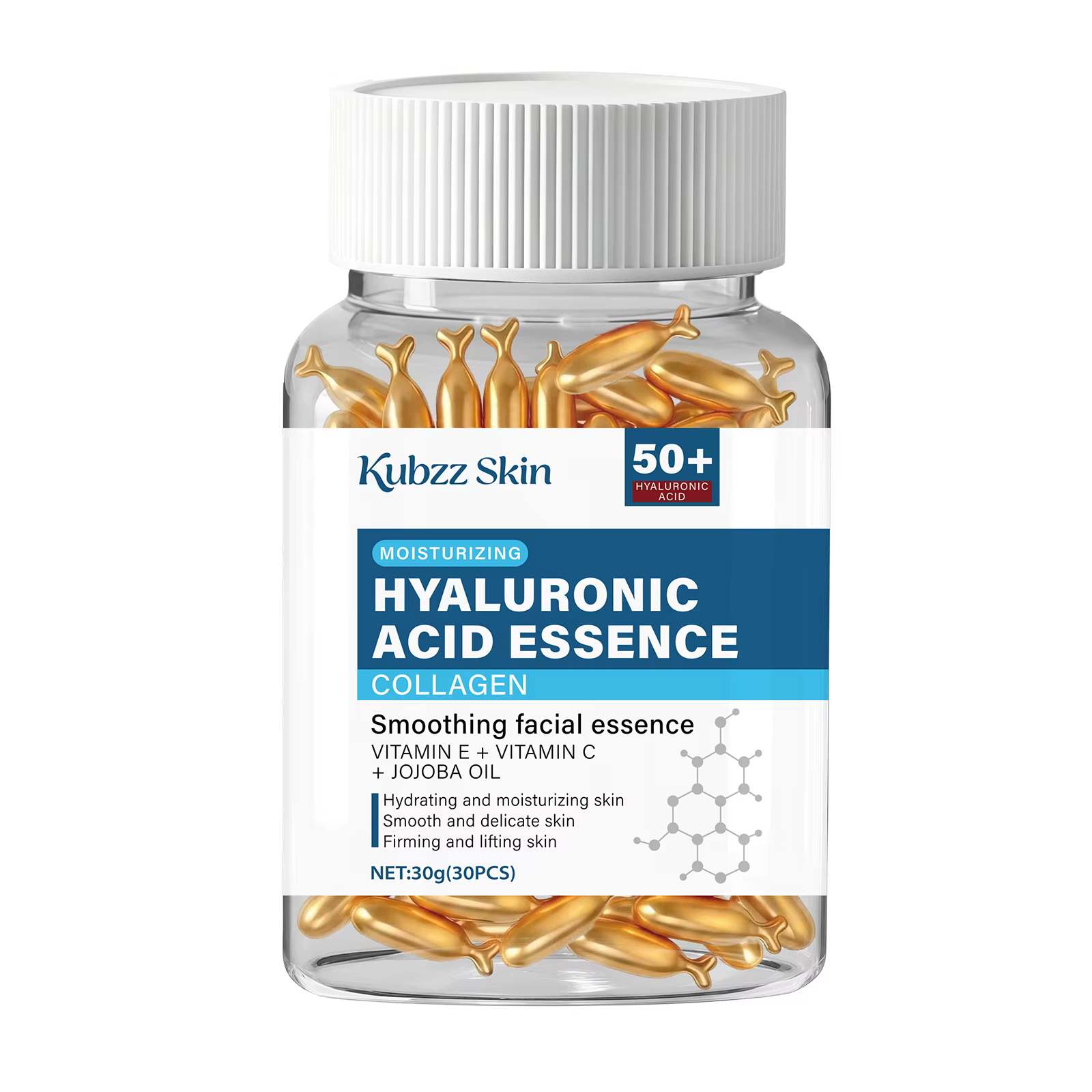 Capsule hydratante en profondeur à l'acide hyaluronique, hydrate et lisse la peau, contient du colla
