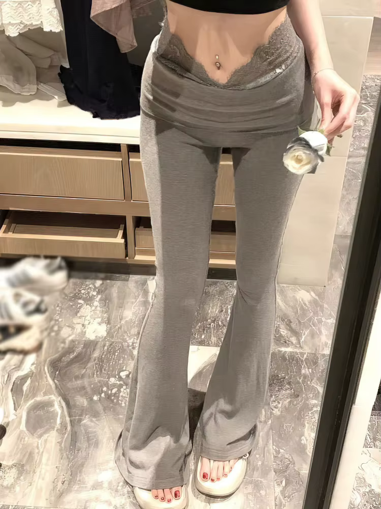 Dentelle Sport jambe large taille haute pantalon femmes serré Yoga pantalon évasé Baggy décontracté 