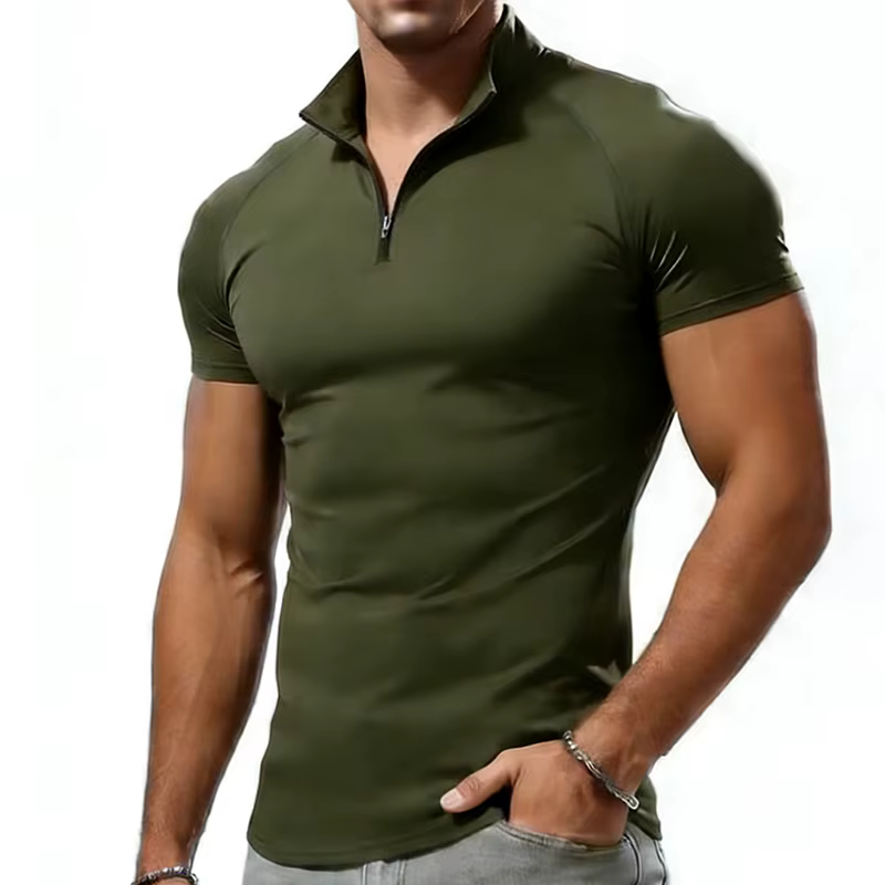 T-shirt de compression pour homme, col zippé, été, hauts décontractés, fitness, gym, coupe ajustée,