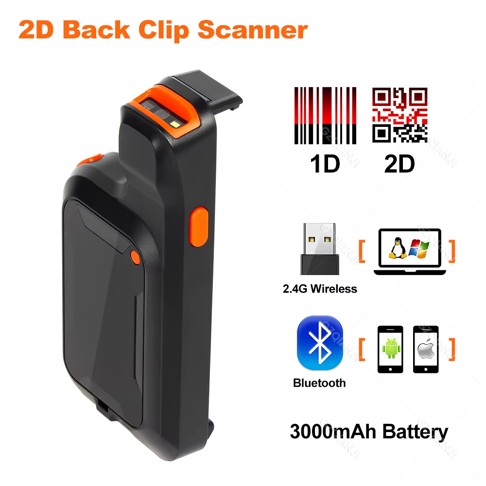 Lecteur de codes-barres sans fil mini Bluetooth à clip dorsal, lecteur de codes-barres 2D pour télép