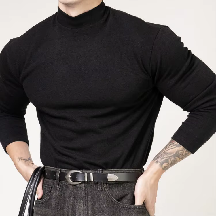 T-shirt de Fitness pour hommes, vêtements d'entraînement, col roulé fileté, coupe cintrée, sport, sé