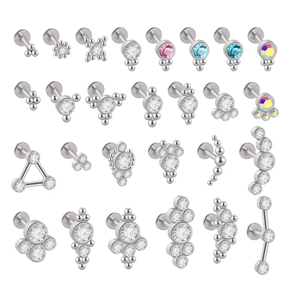 1PC G23 titane et acier 16G CZ gemme Triangle Labret lèvre anneau cristal grappe oreille Cartilage Tragus Helix Piercing vis ajustement haut 16g