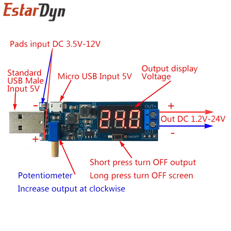 Convertisseur Boost Buck USB, Module d'alimentation élévateur/bas DC-DC 5V à 3.3V / 12V, sortie réglable DC 1.2V-24V