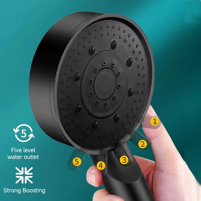 Pommeau de douche noir, 5 Modes, haute pression réglable, économie d'eau, Massage de l'eau, accessoires de salle de bains