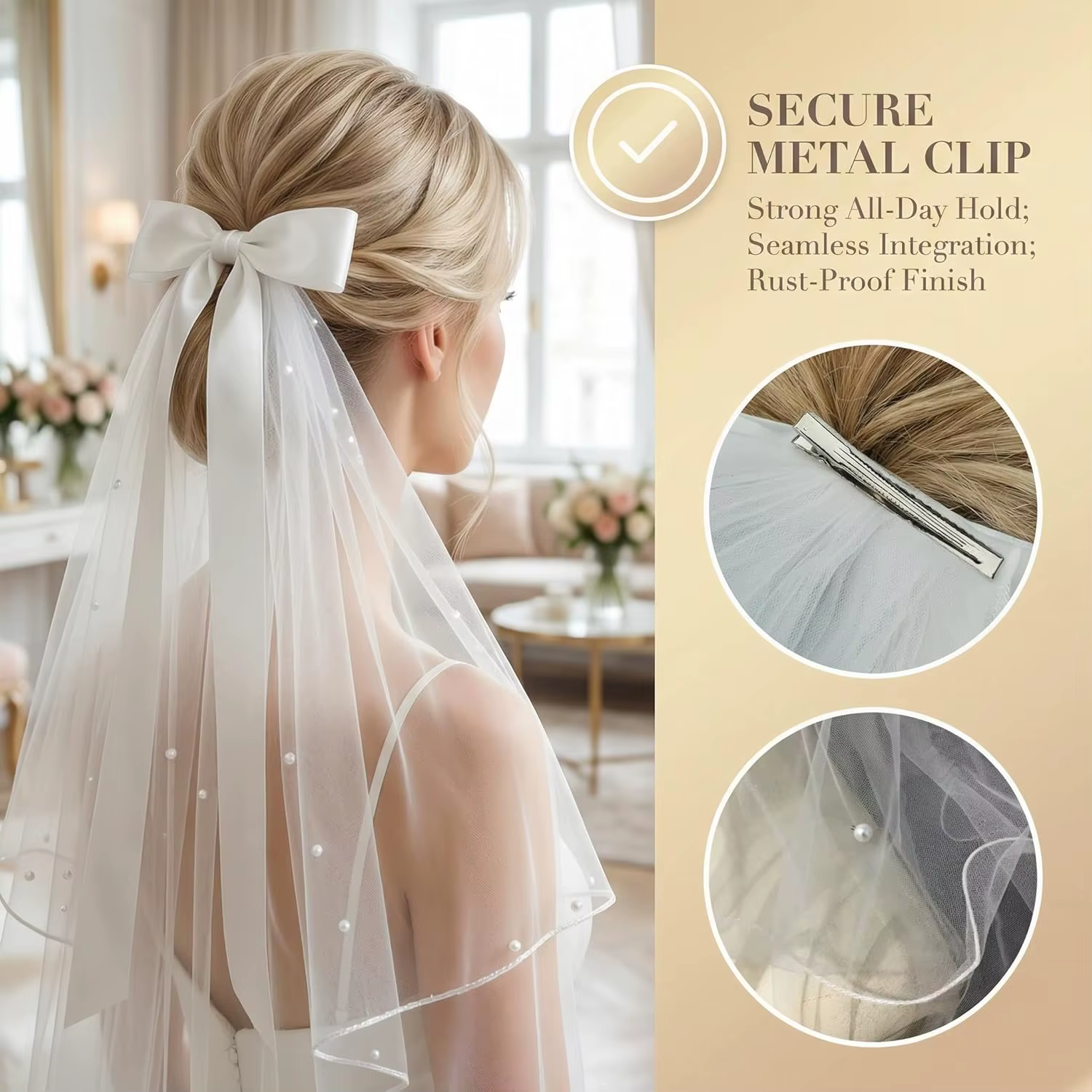 Voile de mariée blanc avec nœud, accessoire de fiançailles, pince à cheveux pour femme, accessoires de fête et de mariage