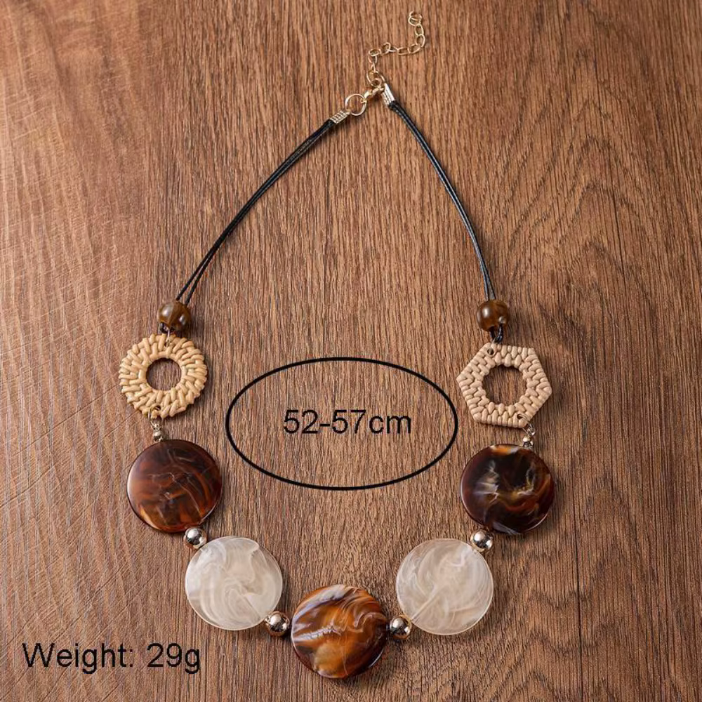 Collier Vintage en Rotin, Accessoires en Acrylique Faits à la Main, Pièce Ronde Géométrique