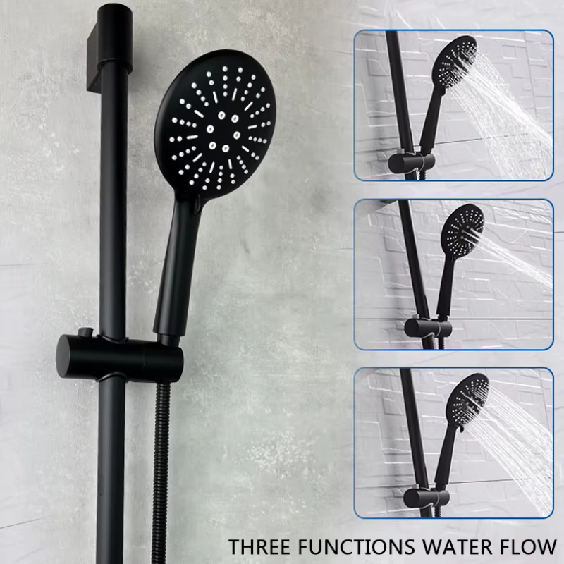 Ensemble de douche à main coulissante avec 3 fonctions, douche à main avec connecteur de barre coulissante, tuyau de 1.5m, fixation cascade de salle de bains, Chrome noir Wal